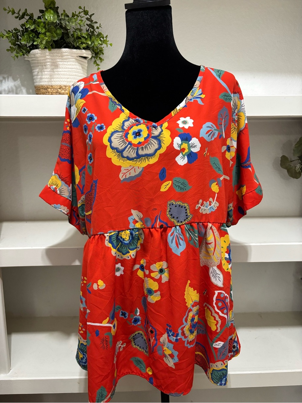 JODIFL Red Floral V-Neck Midi Dress with Multicolor Blooms